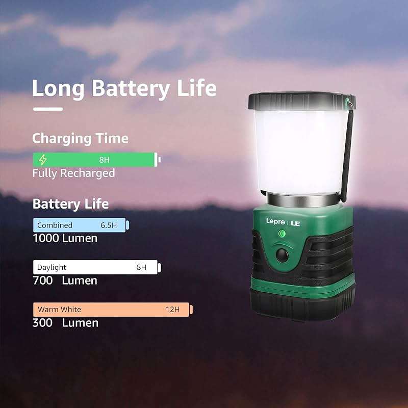 Lepro 1000LM LED Camping Lantern Rechargeable, 4400mAh Green Tent Light with 4 Light Modes, Waterproof Lantern Flashlight for Hurricane Emergency, Camping Essentials, USB Cable Included - Image 3