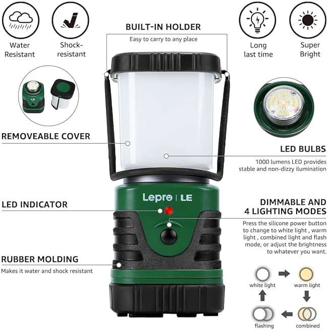 Lepro 1000LM LED Camping Lantern Rechargeable, 4400mAh Green Tent Light with 4 Light Modes, Waterproof Lantern Flashlight for Hurricane Emergency, Camping Essentials, USB Cable Included - Image 9