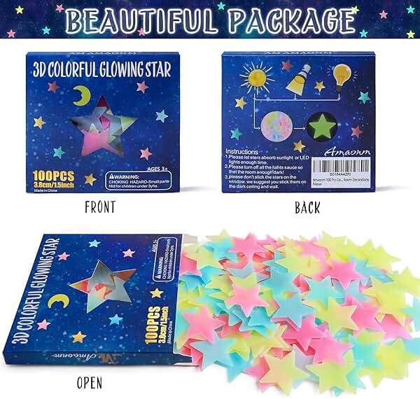 AM AMAONM 100pcs Glow in The Dark Luminous Stars Fluorescent Noctilucent Plastic Stars Wall Stickers Glowing Stars Decals for Home Art Decor Nursery Ceiling Kids Babys Bedroom Room Multicolor - Image 3