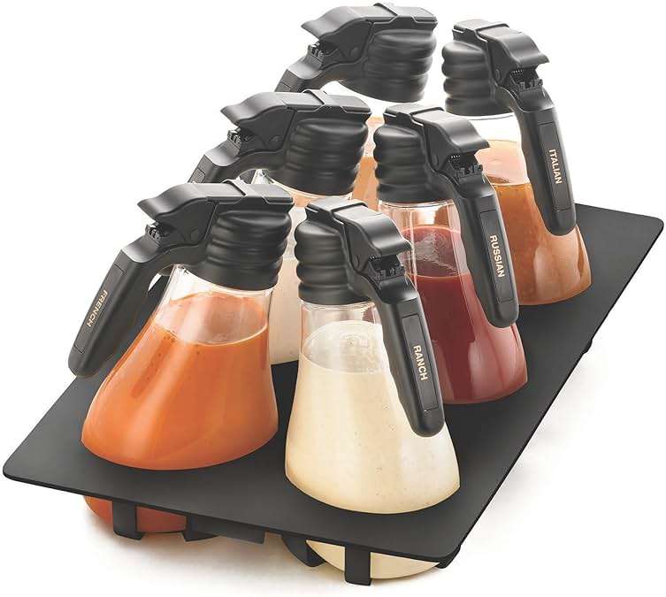 TableCraft N481BK, Dressing Set, 48 oz., Black, Includes 6 Tritan Dispensers with Screw Top and Handle, Black Tray, 10 Tags for Labeling, BPA-Free, NSF Listed, Dishwasher Safe - Image 1