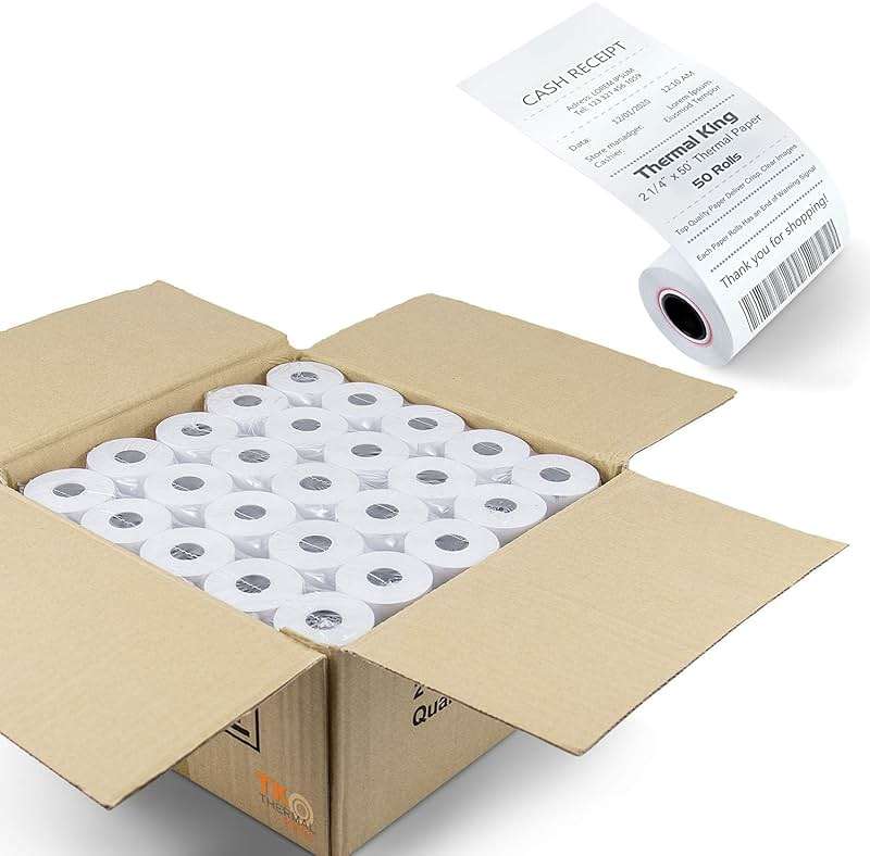 TK Thermal King, (50 Rolls) 2 1/4" 50' feet White Paper Cash Register POS Receipt, Fits All Credit Card Terminal Great For Cashier Receipt Small Business Premium Quality - Image 1