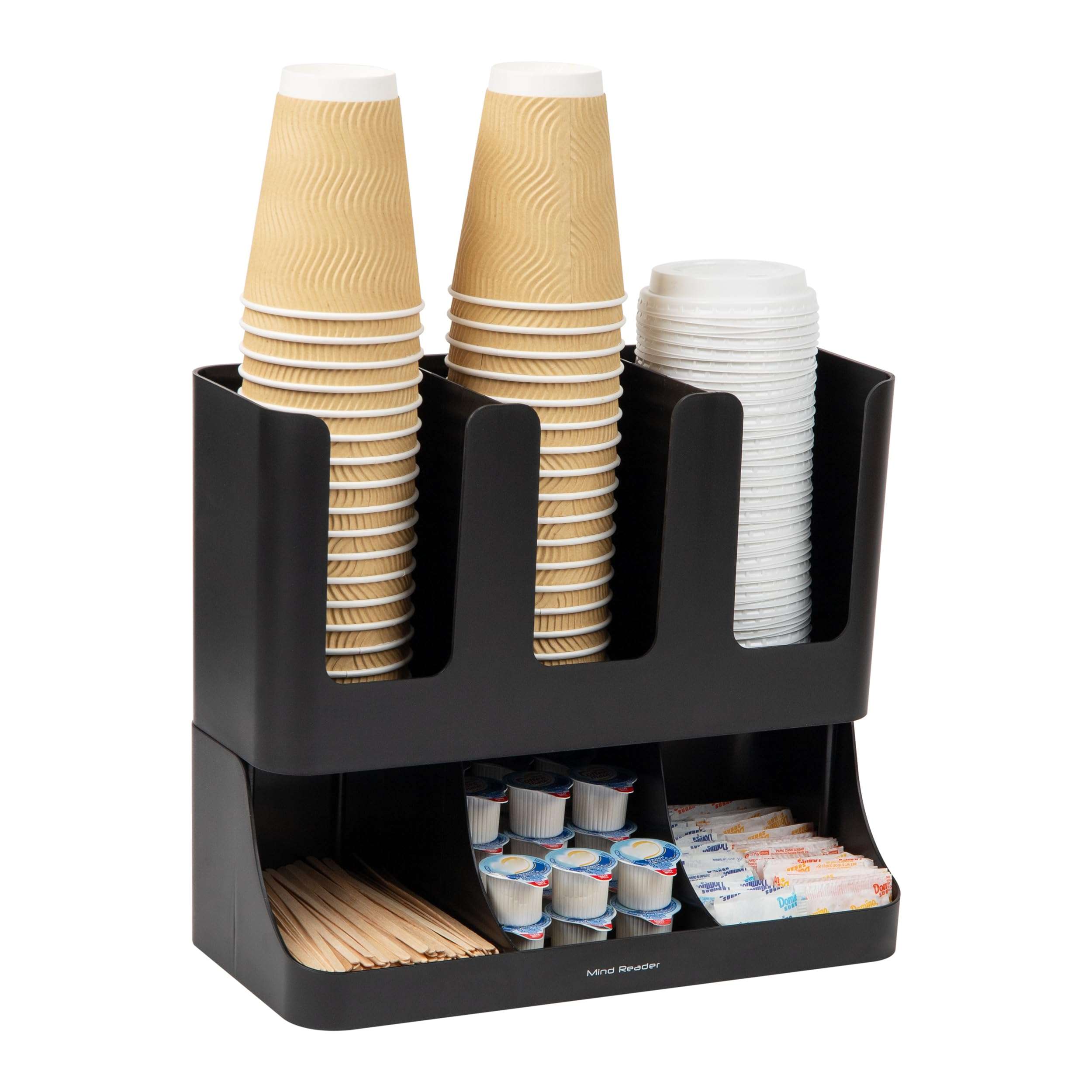 Mind Reader Condiment Station, 13 Inch Countertop Coffee Bar Organizer with 6 Compartments, Storage Caddy for Cups, Lids and Packets, Plastic, Black - Image 1