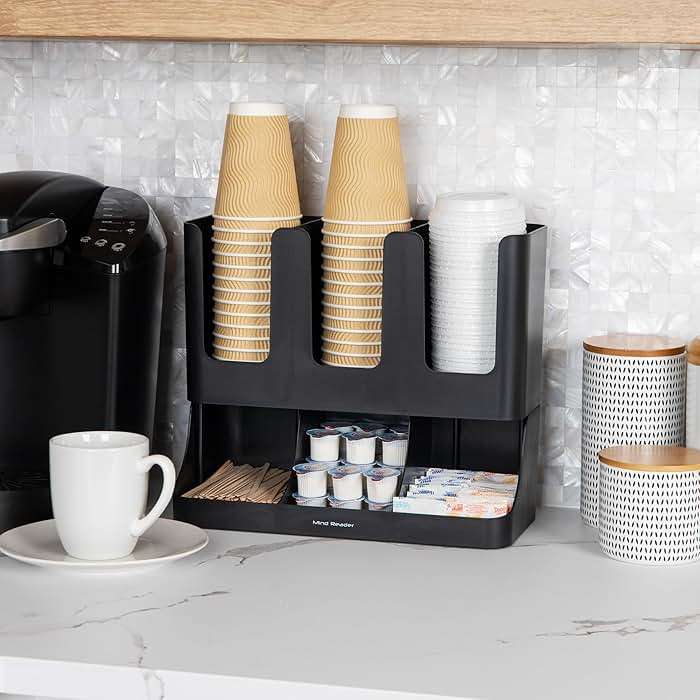 Mind Reader Condiment Station, 13 Inch Countertop Coffee Bar Organizer with 6 Compartments, Storage Caddy for Cups, Lids and Packets, Plastic, Black - Image 2