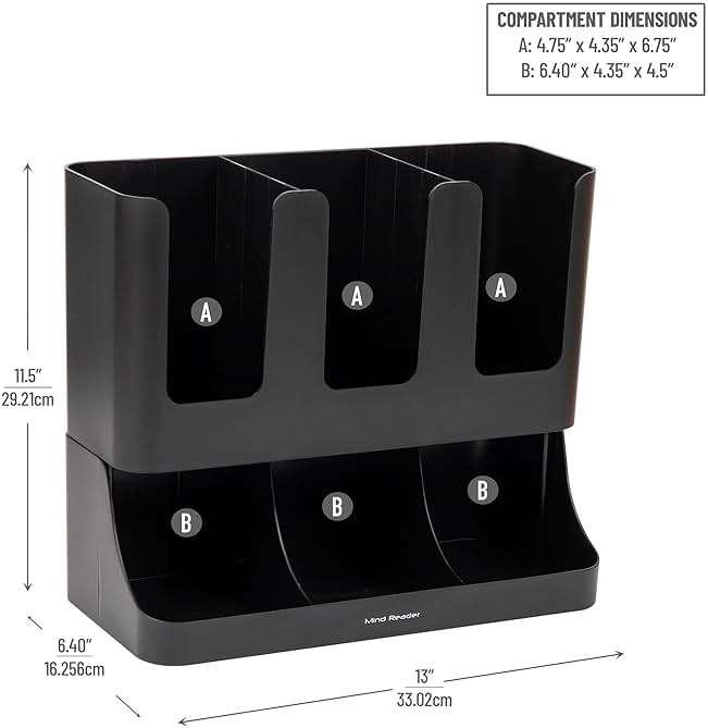Mind Reader Condiment Station, 13 Inch Countertop Coffee Bar Organizer with 6 Compartments, Storage Caddy for Cups, Lids and Packets, Plastic, Black - Image 3