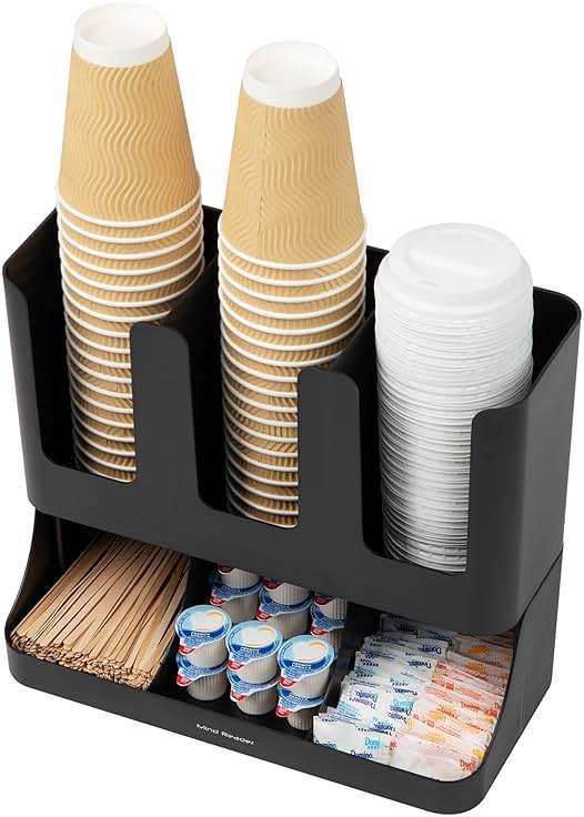 Mind Reader Condiment Station, 13 Inch Countertop Coffee Bar Organizer with 6 Compartments, Storage Caddy for Cups, Lids and Packets, Plastic, Black - Image 5