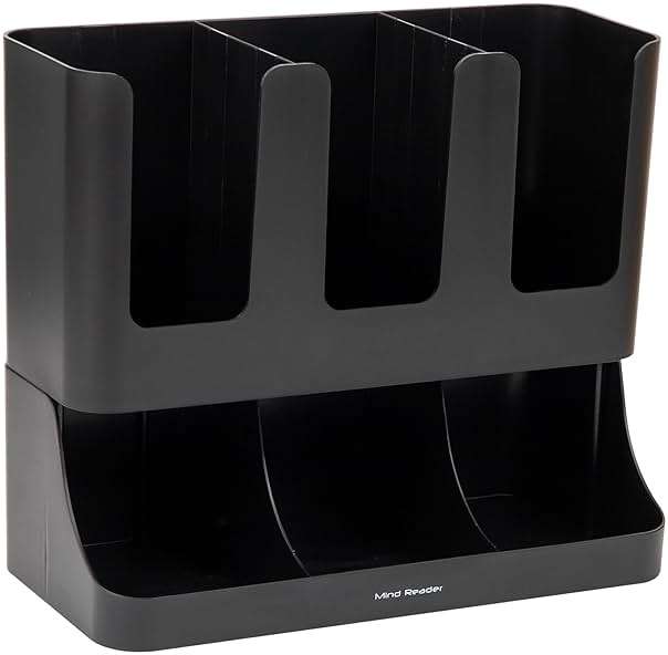 Mind Reader Condiment Station, 13 Inch Countertop Coffee Bar Organizer with 6 Compartments, Storage Caddy for Cups, Lids and Packets, Plastic, Black - Image 7