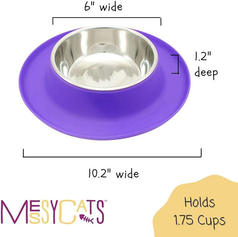 Messy Cats Single Silicone Feeder with Stainless Saucer Shaped Bowl | Anti-Slip Non-Skid Cat Food Bowl | One Cat Bowl in Feeding/Water Station | 1.75 Cups (Purple) - Image 4