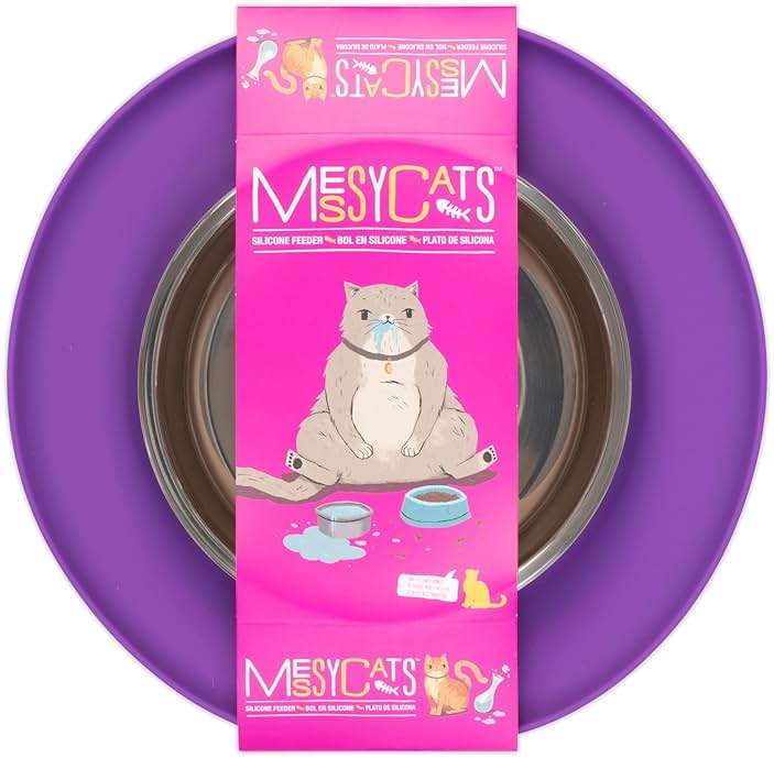 Messy Cats Single Silicone Feeder with Stainless Saucer Shaped Bowl | Anti-Slip Non-Skid Cat Food Bowl | One Cat Bowl in Feeding/Water Station | 1.75 Cups (Purple) - Image 5