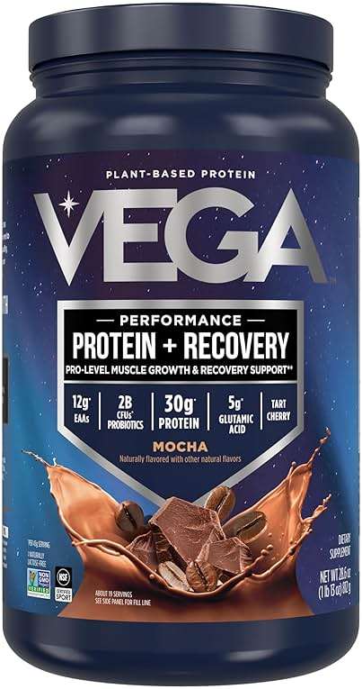 Vega Protein + Recovery, Mocha – 30g Vegan Protein, Dairy & Gluten Free, Probiotics, NSF Certified, 28.8 oz (19 Servings) - Image 1