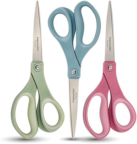 Fiskars 8” Comfort Grip Titanium Multipurpose Scissors with Ergonomic Handles for Everyday Cutting Tasks, Sharp Scissors for Home, Office, Crafts, Multicolor 3-Pack - Image 1