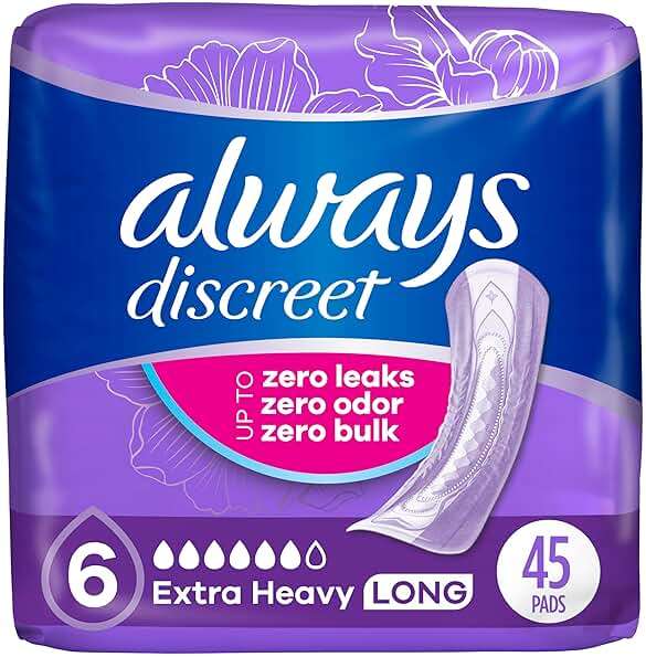 Always Discreet Adult Incontinence Pads for Women, Drier, 6 Drop Long Length, Extra Heavy Absorbency, Pads for Bladder Control Management, Bladder Leaks, & Postpartum Pads, 45ct - Image 1