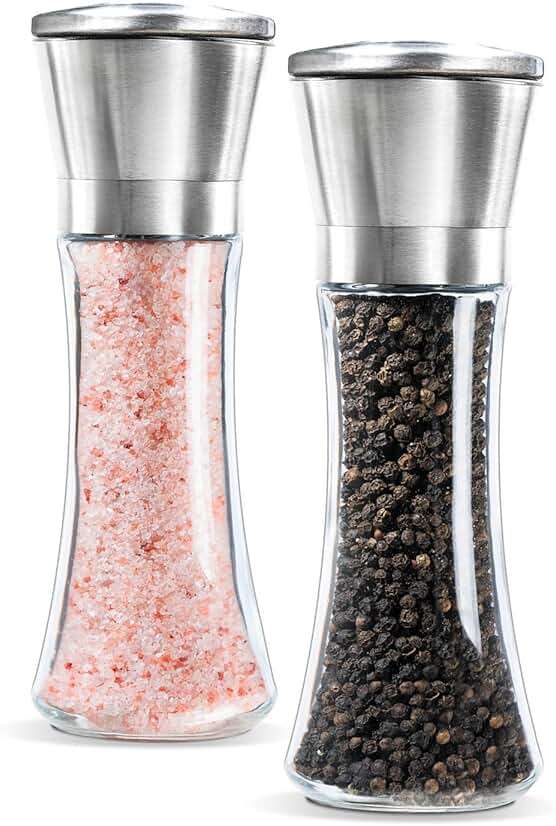 Levav Premium Salt and Pepper Grinder Set of 2- Brushed Stainless Steel Pepper Mill and Salt Mil, Glass Body, Size Grade adjustable ceramic rotor-salt and pepper shakers (tall) - Image 1