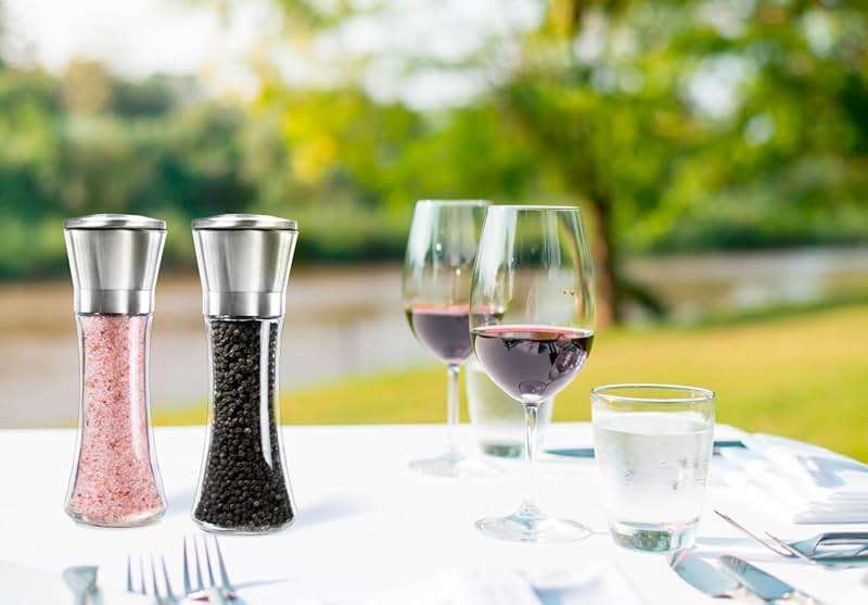 Levav Premium Salt and Pepper Grinder Set of 2- Brushed Stainless Steel Pepper Mill and Salt Mil, Glass Body, Size Grade adjustable ceramic rotor-salt and pepper shakers (tall) - Image 2