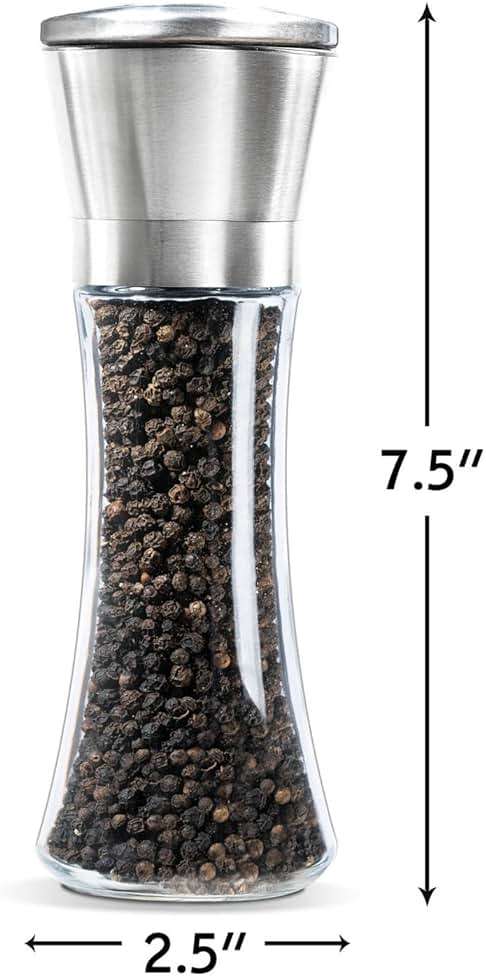 Levav Premium Salt and Pepper Grinder Set of 2- Brushed Stainless Steel Pepper Mill and Salt Mil, Glass Body, Size Grade adjustable ceramic rotor-salt and pepper shakers (tall) - Image 3