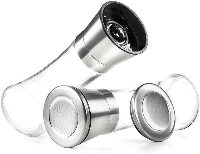 Levav Premium Salt and Pepper Grinder Set of 2- Brushed Stainless Steel Pepper Mill and Salt Mil, Glass Body, Size Grade adjustable ceramic rotor-salt and pepper shakers (tall) - Image 5