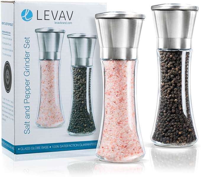 Levav Premium Salt and Pepper Grinder Set of 2- Brushed Stainless Steel Pepper Mill and Salt Mil, Glass Body, Size Grade adjustable ceramic rotor-salt and pepper shakers (tall) - Image 6
