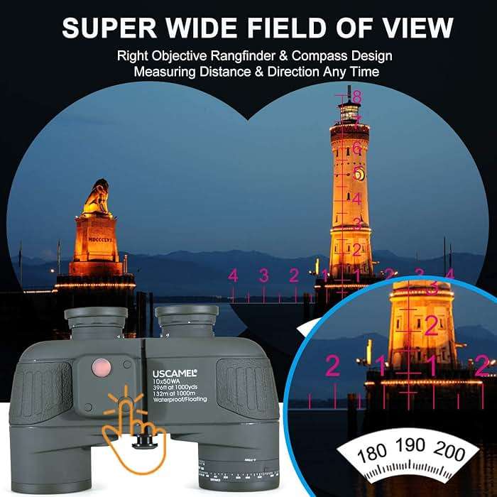 USCAMEL 10X50 Marine Binoculars for Adults with Rangefinder Compass, Waterproof Marine Binoculars for Sailing Boating Fishing - Image 5