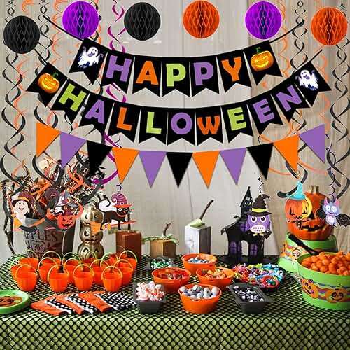 Happy Halloween Banner Paper Triangle Flag Bunting Circle Confetti Dots Hanging Garland Honeycomb Ball Swirl Streamers for Halloween Party Decorations - Image 2