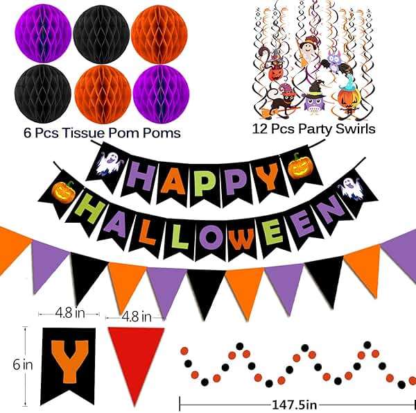 Happy Halloween Banner Paper Triangle Flag Bunting Circle Confetti Dots Hanging Garland Honeycomb Ball Swirl Streamers for Halloween Party Decorations - Image 3