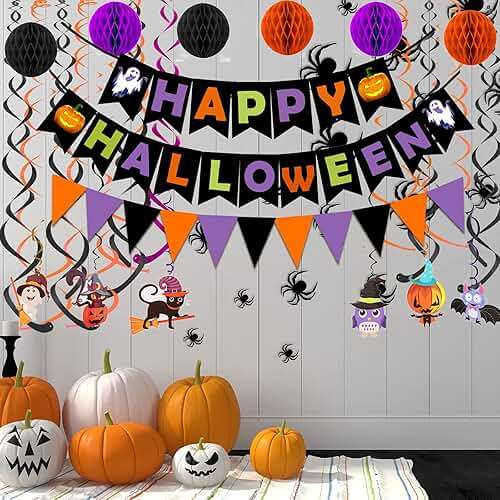 Happy Halloween Banner Paper Triangle Flag Bunting Circle Confetti Dots Hanging Garland Honeycomb Ball Swirl Streamers for Halloween Party Decorations - Image 4