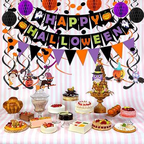 Happy Halloween Banner Paper Triangle Flag Bunting Circle Confetti Dots Hanging Garland Honeycomb Ball Swirl Streamers for Halloween Party Decorations - Image 5