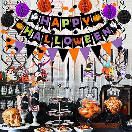 Happy Halloween Banner Paper Triangle Flag Bunting Circle Confetti Dots Hanging Garland Honeycomb Ball Swirl Streamers for Halloween Party Decorations - Image 6