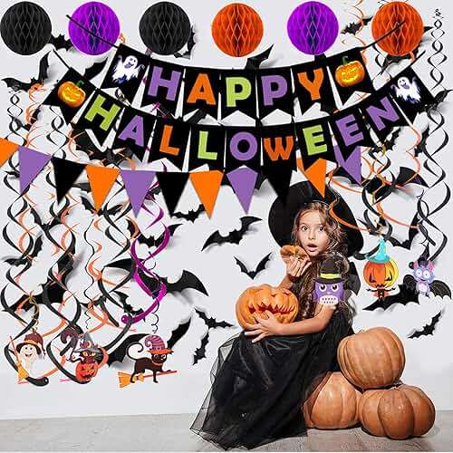 Happy Halloween Banner Paper Triangle Flag Bunting Circle Confetti Dots Hanging Garland Honeycomb Ball Swirl Streamers for Halloween Party Decorations - Image 7