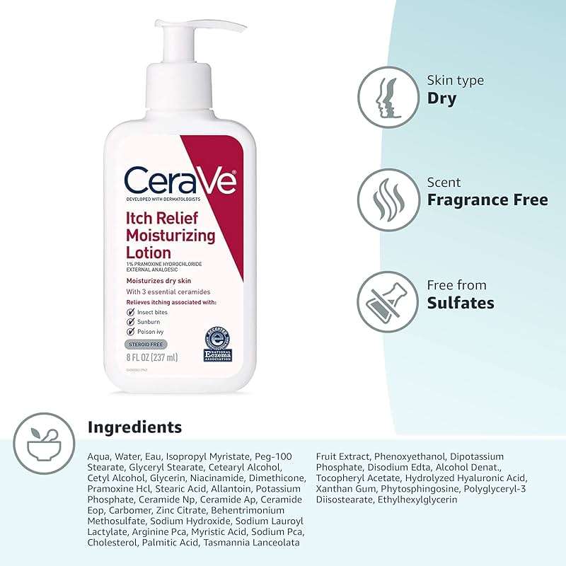 CeraVe Anti Itch Moisturizing Lotion with Pramoxine Hydrochloride, Relieves Itch with Minor Skin Irritations, Sunburn Relief, Bug Bites, 8 Ounce - Image 8