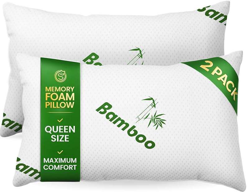 Memory Foam Pillows Queen Size Set of 2 - Cooling Bed Pillows for Sleeping - Back, Stomach, Side Sleeper Firm, Comfy Cool Shredded - 2 Pack, Rayon Derived from Bamboo - Image 1