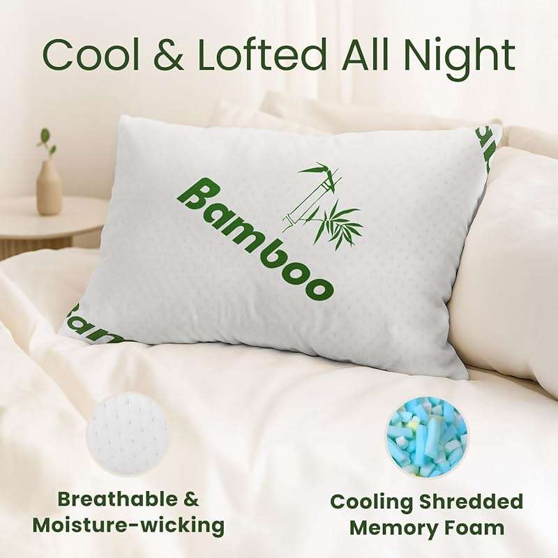 Memory Foam Pillows Queen Size Set of 2 - Cooling Bed Pillows for Sleeping - Back, Stomach, Side Sleeper Firm, Comfy Cool Shredded - 2 Pack, Rayon Derived from Bamboo - Image 2