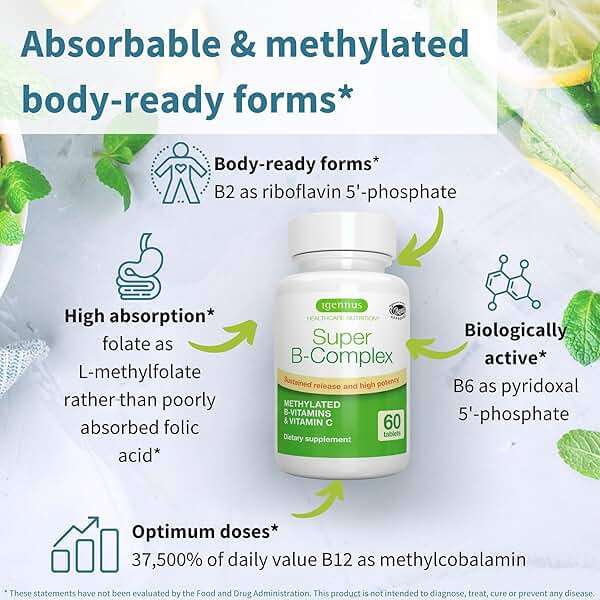 Igennus High Absorption Super B-Complex Methylated & Active B Vitamins | Sustained Release, Clean Label, Energy, Mood & Cognitive Performance, Methylfolate & Methyl B12, Lab Verified, 60 Tablets - Image 3