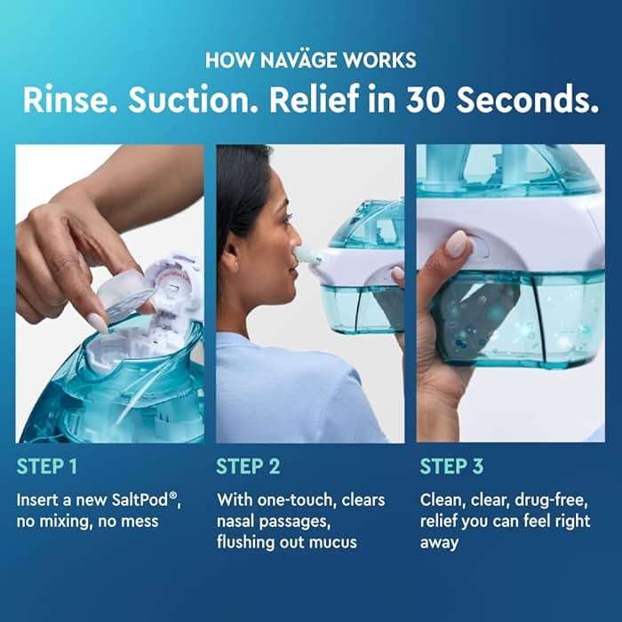 Navage® Starter Bundle – Nasal Irrigation System - Saline Nasal Rinse Kit with 1 Nose Cleaner and 30 SaltPods for Congestion Relief ($109 Value). Sinus Rinse for Clinically Proven Benefits - Image 4