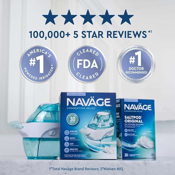 Navage® Starter Bundle – Nasal Irrigation System - Saline Nasal Rinse Kit with 1 Nose Cleaner and 30 SaltPods for Congestion Relief ($109 Value). Sinus Rinse for Clinically Proven Benefits - Image 6
