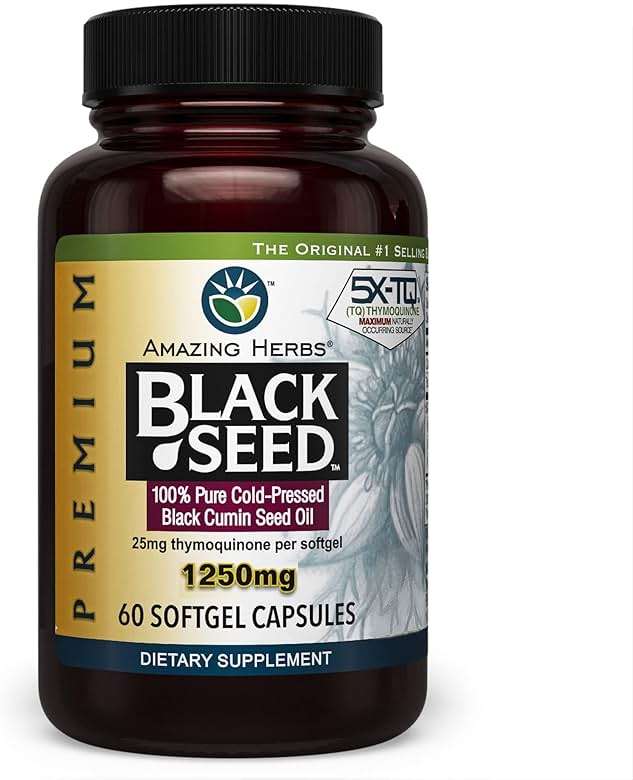 Amazing Herbs Premium Black Seed Oil Capsules - High Potency, Cold Pressed Nigella Sativa Aids in Digestive Health, Immune Support & Brain Function - 60 Count, 1250mg - Image 1