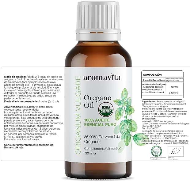 AROMAVITA Essential Organic Oil of Oregano-100% Pure Undiluted Greek Oregano Oil with Carvacrol - Over 86%, Non-GMO, Extra Strength Oregano Oil Organic Liquid Drops, 1 FL.OZ/30ml - Image 12