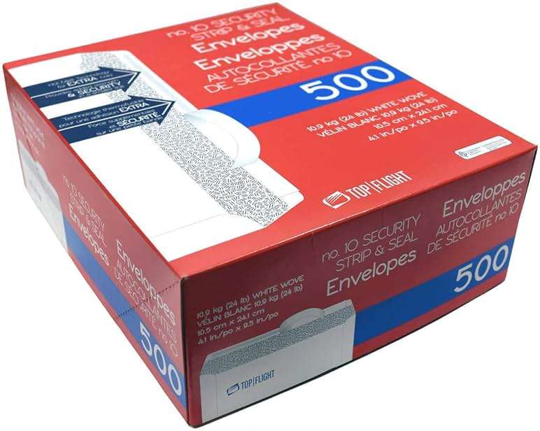 Top Flight PSTF10NWT #10 Envelopes, Strip & Seal, Security Tinted, White Paper, 24 lb, 500 Count - Image 2