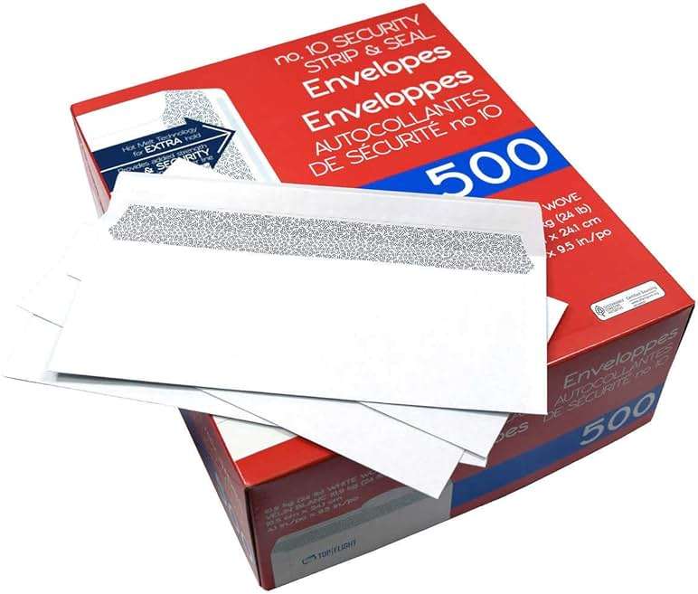Top Flight PSTF10NWT #10 Envelopes, Strip & Seal, Security Tinted, White Paper, 24 lb, 500 Count - Image 3