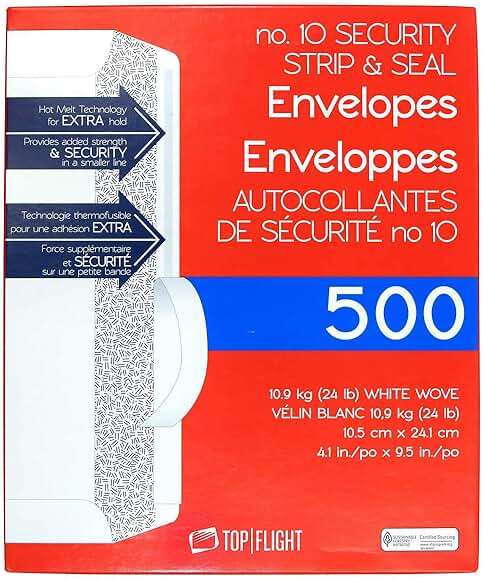 Top Flight PSTF10NWT #10 Envelopes, Strip & Seal, Security Tinted, White Paper, 24 lb, 500 Count - Image 4