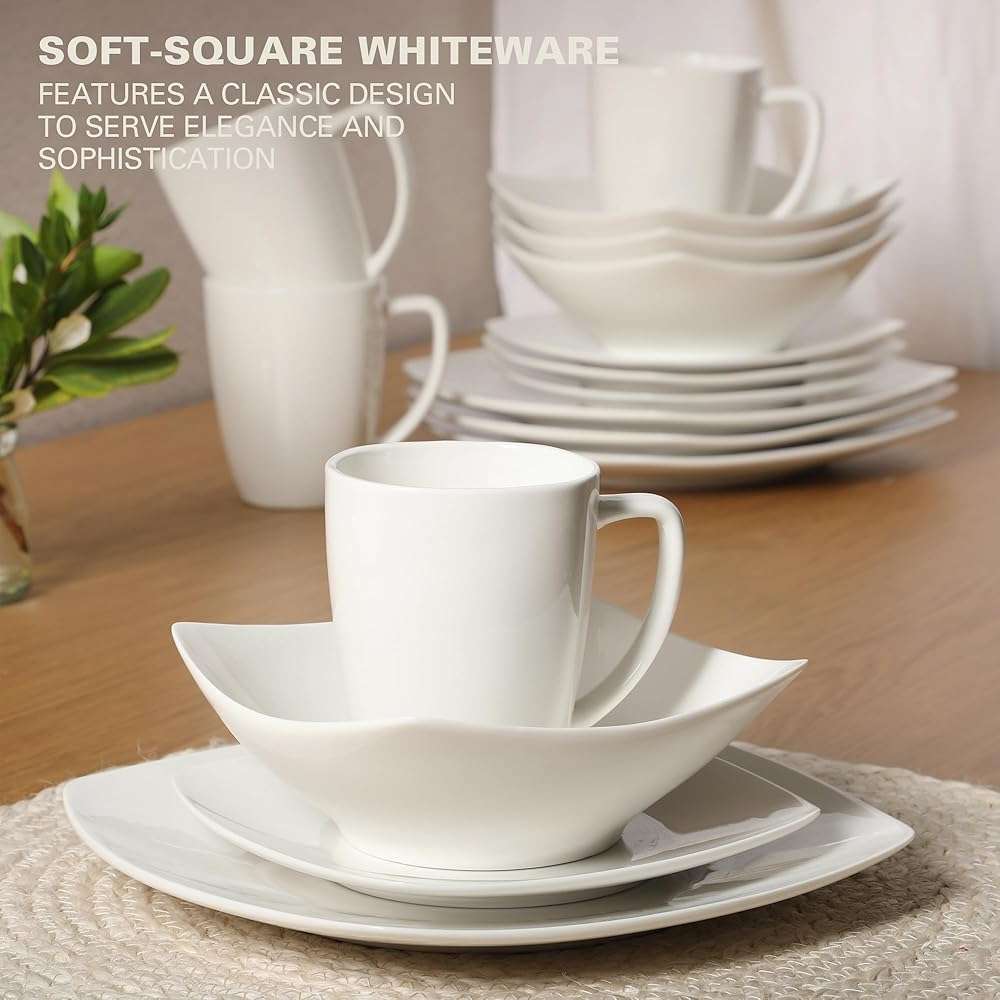 Gibson Home Zen Buffet White Porcelain Dinnerware Set for 4, Square Plates Bowls and Mugs, Chip and Scratch Resistant, Dishwasher and Microwave Safe, 16 Piece - Image 4