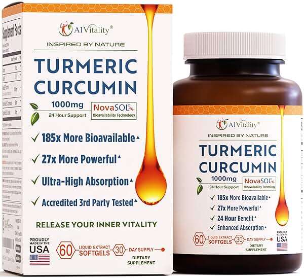 A1Vitality NovaSOL Turmeric Curcumin 1000mg – Clinically Proven 185x Higher Absorption – Promotes Joint Comfort, Mobility & Overall Wellness – Non-GMO, Doctor Formulated, 60 Softgels. - Image 1