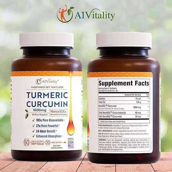A1Vitality NovaSOL Turmeric Curcumin 1000mg – Clinically Proven 185x Higher Absorption – Promotes Joint Comfort, Mobility & Overall Wellness – Non-GMO, Doctor Formulated, 60 Softgels. - Image 2