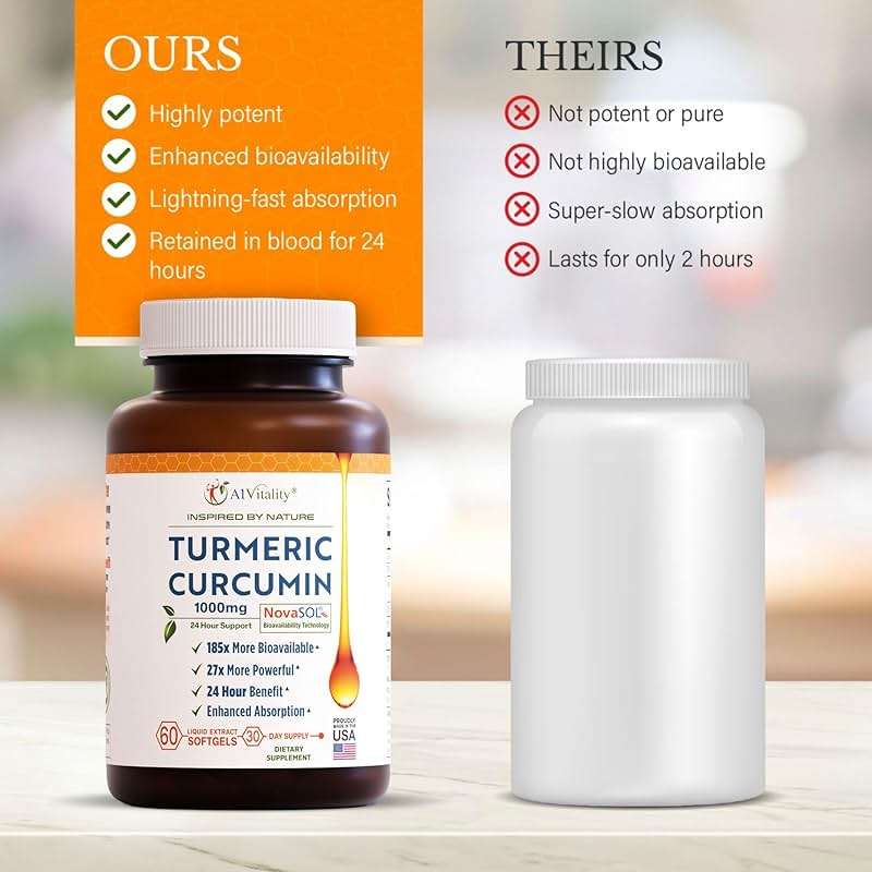A1Vitality NovaSOL Turmeric Curcumin 1000mg – Clinically Proven 185x Higher Absorption – Promotes Joint Comfort, Mobility & Overall Wellness – Non-GMO, Doctor Formulated, 60 Softgels. - Image 3