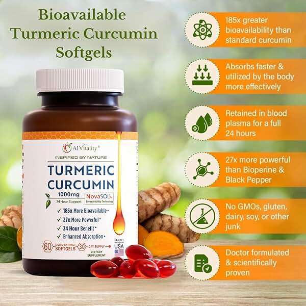 A1Vitality NovaSOL Turmeric Curcumin 1000mg – Clinically Proven 185x Higher Absorption – Promotes Joint Comfort, Mobility & Overall Wellness – Non-GMO, Doctor Formulated, 60 Softgels. - Image 4