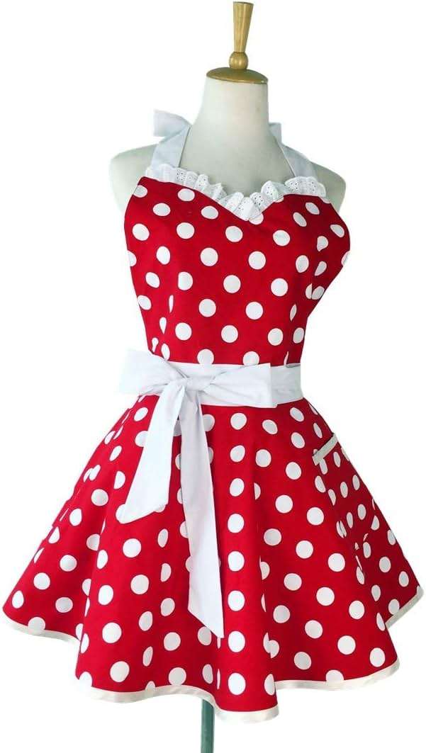 Hyzrz Lovely Sweetheart Retro Kitchen Aprons Woman Girl Cotton Polka Dot Cooking Salon Dress Pinafore Vintage Apron Mothers Gift (Red) - Image 3