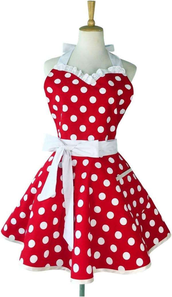 Hyzrz Lovely Sweetheart Retro Kitchen Aprons Woman Girl Cotton Polka Dot Cooking Salon Dress Pinafore Vintage Apron Mothers Gift (Red) - Image 4