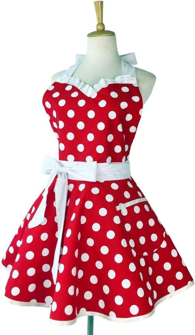 Hyzrz Lovely Sweetheart Retro Kitchen Aprons Woman Girl Cotton Polka Dot Cooking Salon Dress Pinafore Vintage Apron Mothers Gift (Red) - Image 5