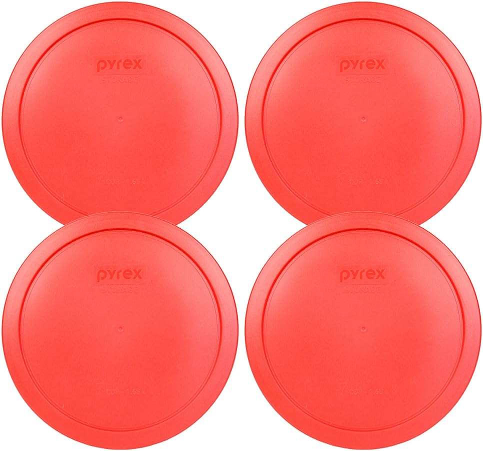 Pyrex 7402-PC Red Food Storage Replacement Lid (This Lid Fits the Pyrex 7402 6-Cup SCULPTED MIXING BOWL and 7203 7-Cup Glass Bowl) (4 Pack) - Made in USA - Image 1