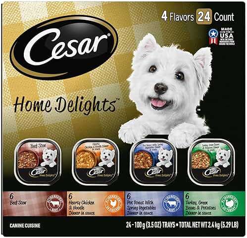 Cesar Home Delights Adult Wet Dog Food, Pot Roast with Spring Vegetables, Beef Stew, Turkey, Green Beans, & Potatoes, and Hearty Chicken & Noodle Dinner in Sauce Variety Pack, 3.5 oz. 24 Count - Image 1