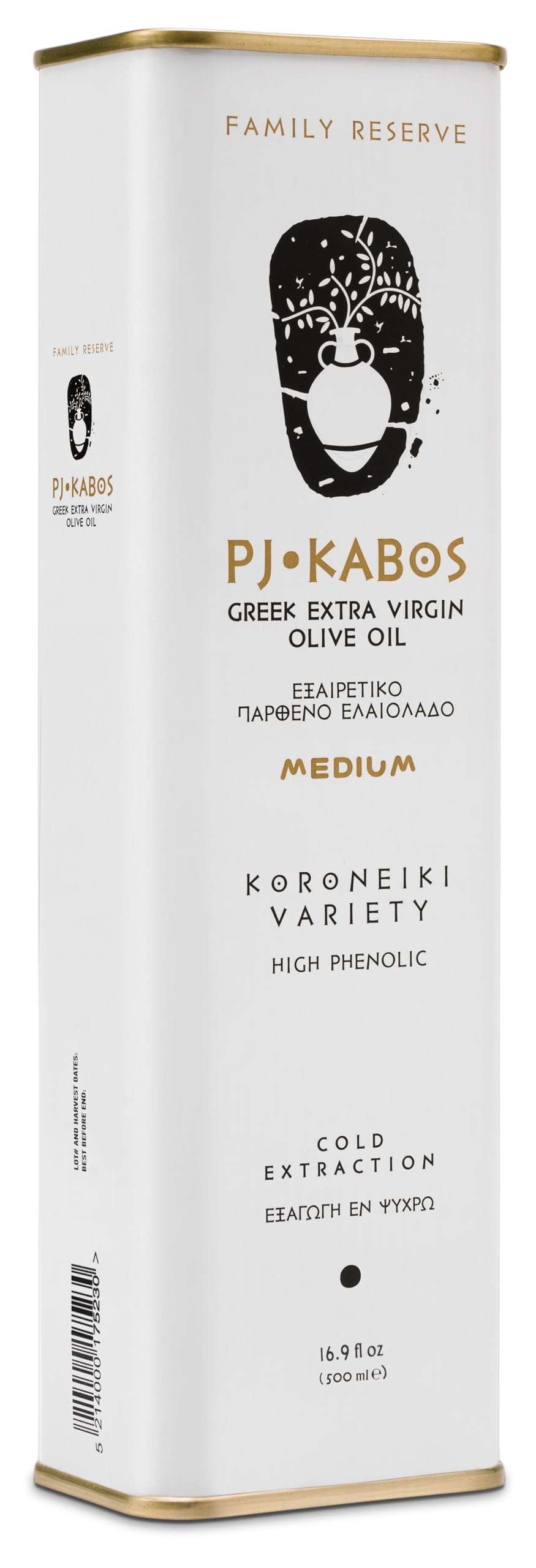 P.J. KABOS Fresh 2025/26 Harvest, High Phenolic (400+mg/kg), Natural Greek Extra Virgin Olive Oil, Kosher, Greece, Cold Extracted, 16.9 oz Tin, Koroneiki, "Family Reserve -Medium" - Image 1