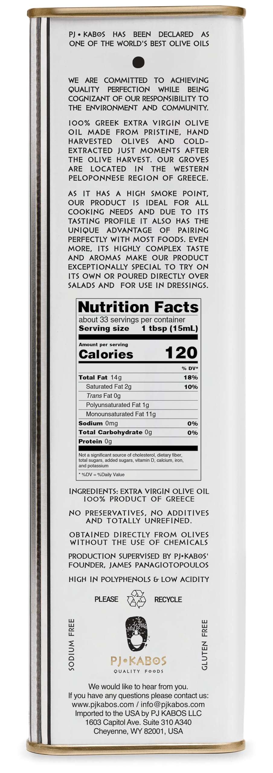 P.J. KABOS Fresh 2025/26 Harvest, High Phenolic (400+mg/kg), Natural Greek Extra Virgin Olive Oil, Kosher, Greece, Cold Extracted, 16.9 oz Tin, Koroneiki, "Family Reserve -Medium" - Image 2